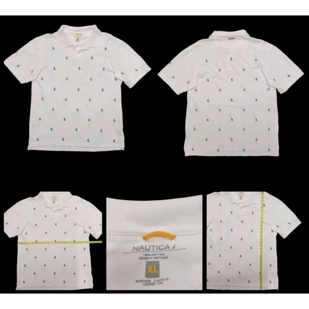 Nautica Y2K Style All Over Logo Flood Polo Mens XL White W/Navy Sailboats